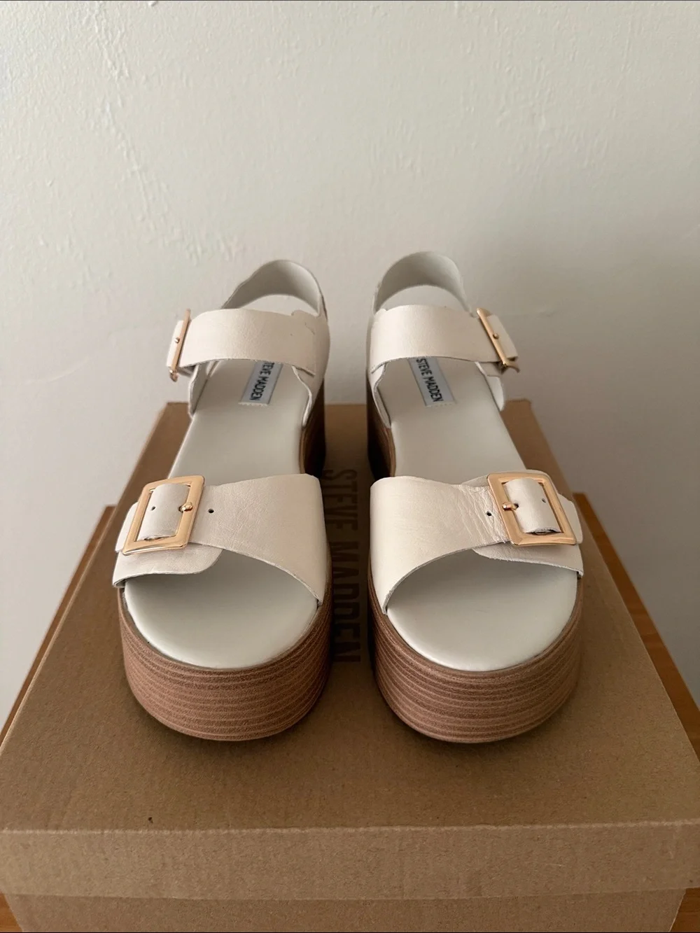 Steve Madden Cream Leather Platform Sandals with Gold Buckles